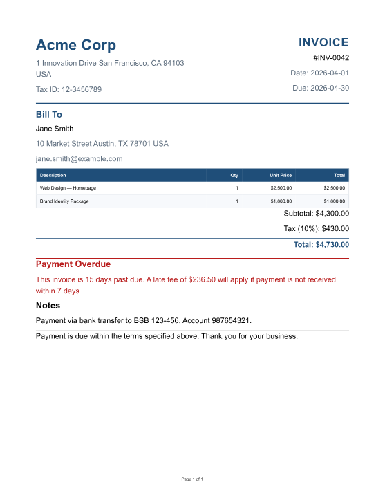 Invoice — real PDF output