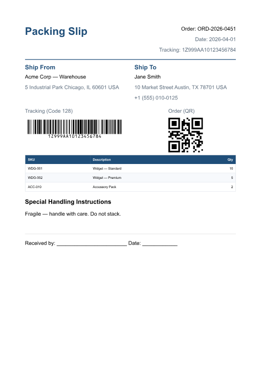 Packing slip — real PDF output