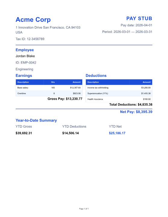 Real PDF output — pay stub rendered inline by your browser PDF viewer