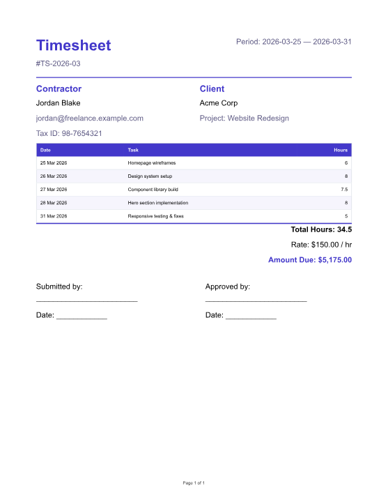Timesheet — real XLSX