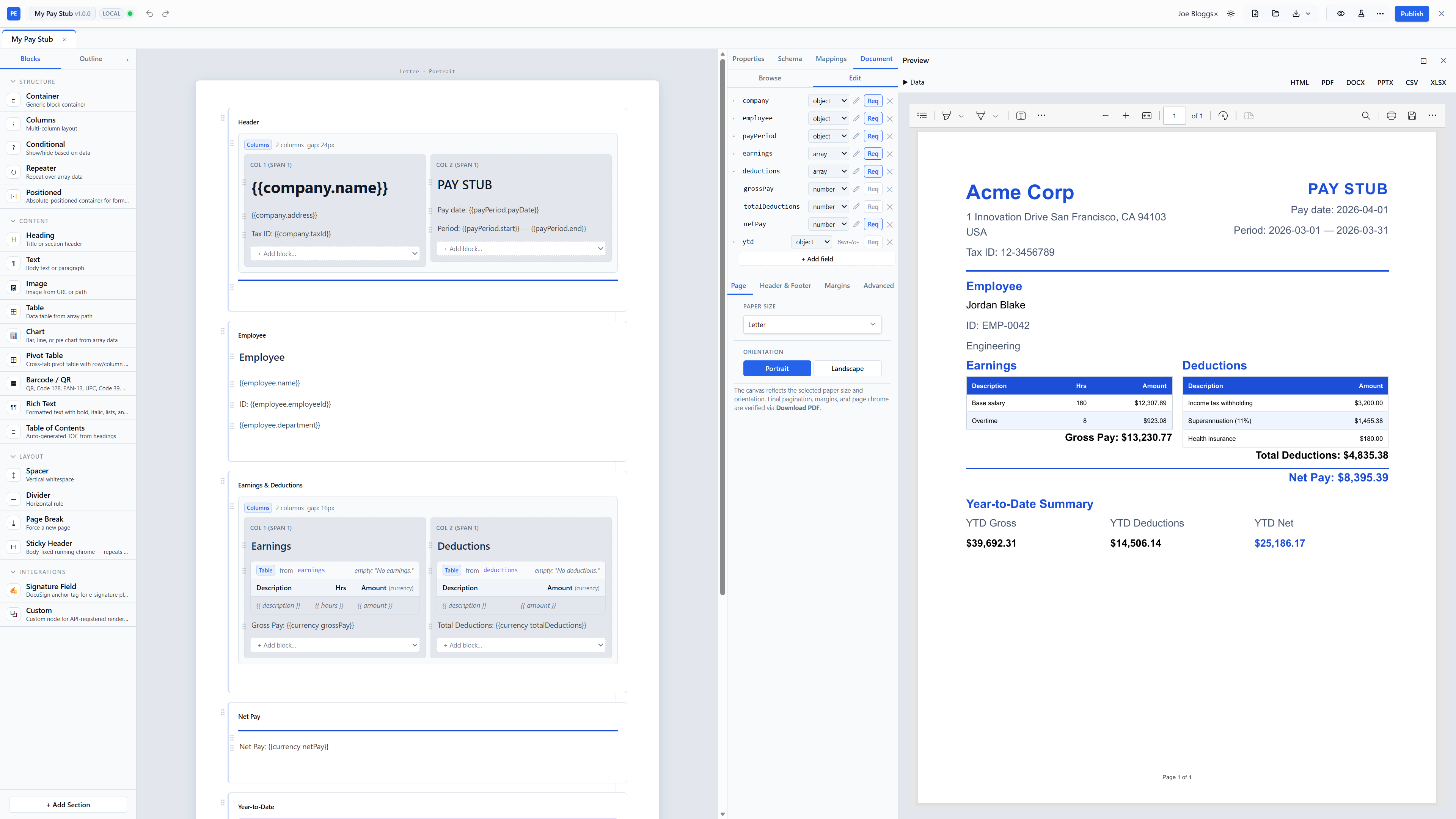 Pulp Engine editor — pay stub template on the left, live PDF preview on the right